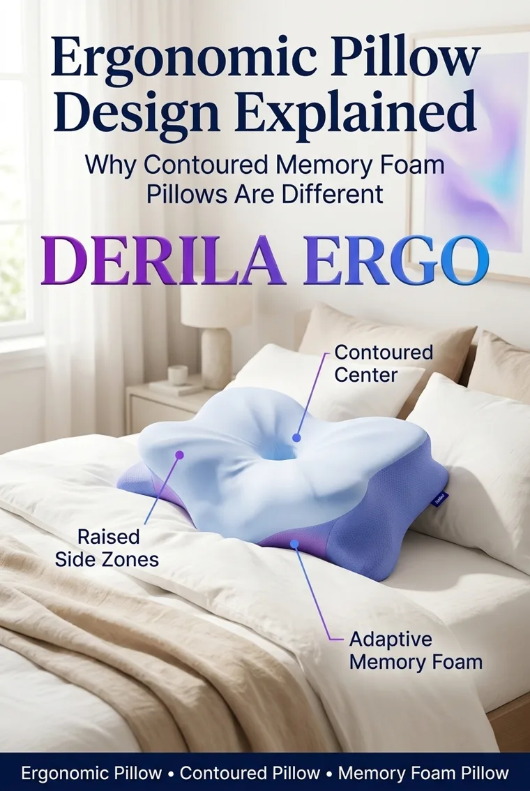 Derila Ergo pillow with its contoured zones labeled: contoured center, raised side zones, and adaptive memory foam