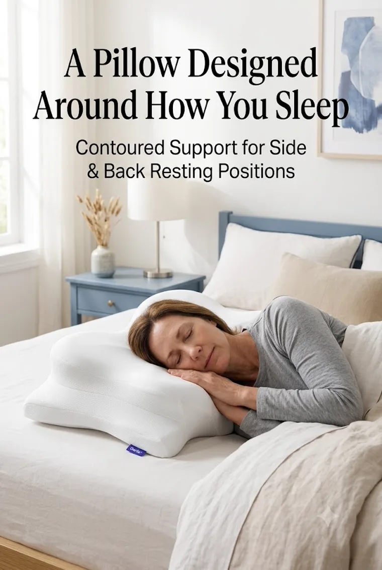 Person resting with the Derila Ergo pillow in a bedroom setting